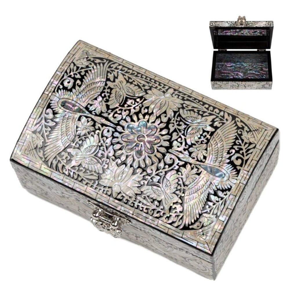 NEW February Mountain Mother of Pearl MIRROR Trinket Box NIVA BLACK 5" KOREA